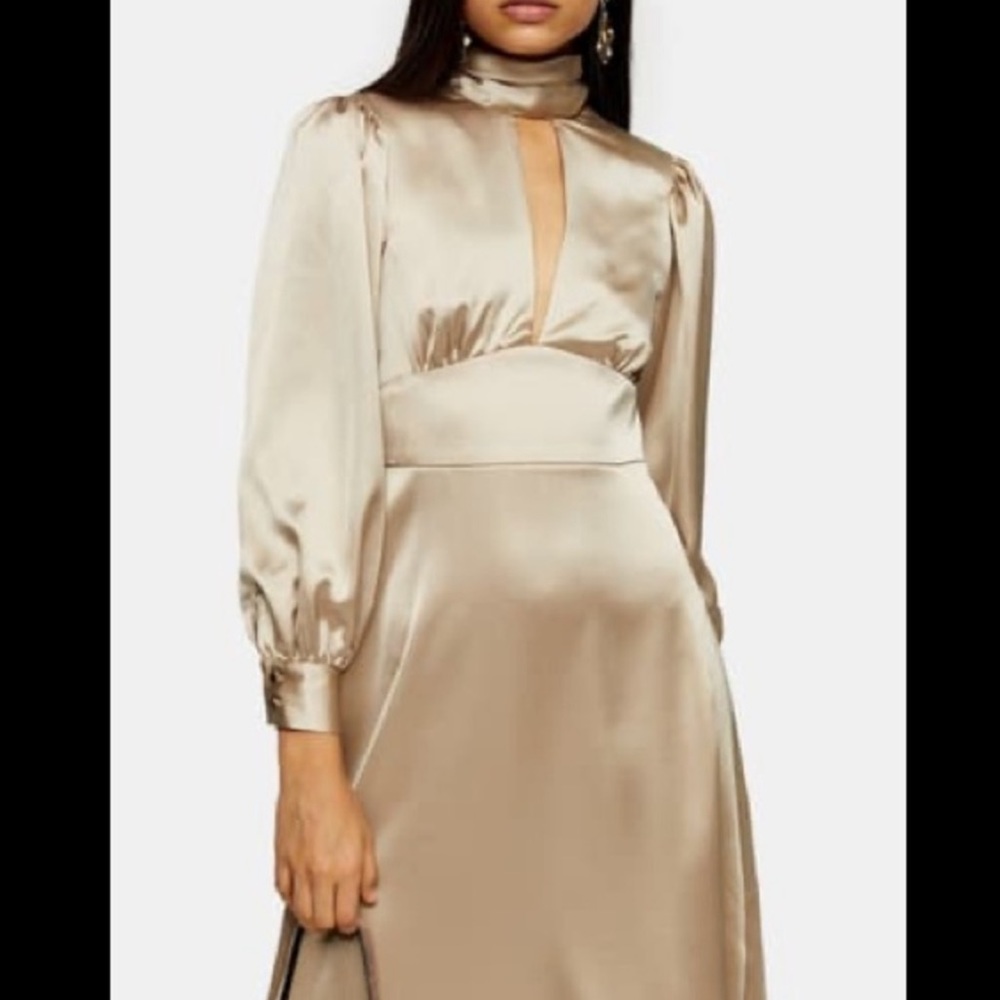 Topshop long sleeve turtleneck gold satin midi dress
